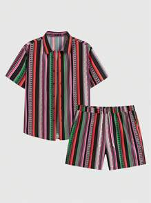 Manfinity RSRT Plus Men Striped & Geo Print Shirt & Shorts - Multicolor - View 1