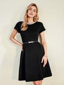 MOTF PREMIUM FAUX PEARL BEADED FOLD PLEATED FITTED WAIST DRESS - Black - View 9