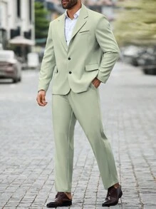 Manfinity Mode Conjunto de traje casual para hombre de talla grande con chaqueta de traje de manga larga con cierre de un solo botón y pantalones de traje con bolsillos en unicolor - Verde - Ver 6
