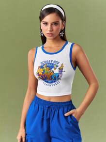 SCOOBY-DOO X SHEIN Women's Summer White Cartoon Football Pattern  Contrast Trim Y2K Workout Crop Tank Top - White - View 4