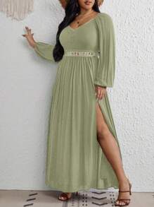 SHEIN VCAY Vestido de manga de linterna con encaje Guipure en la parte superior con abertura en el muslo en tallas grandes - Verde militar - Ver 4