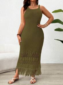 SHEIN Clasi 纹理拼布镂空大码毛衣连衣裙 - 軍綠色 - 查看 6