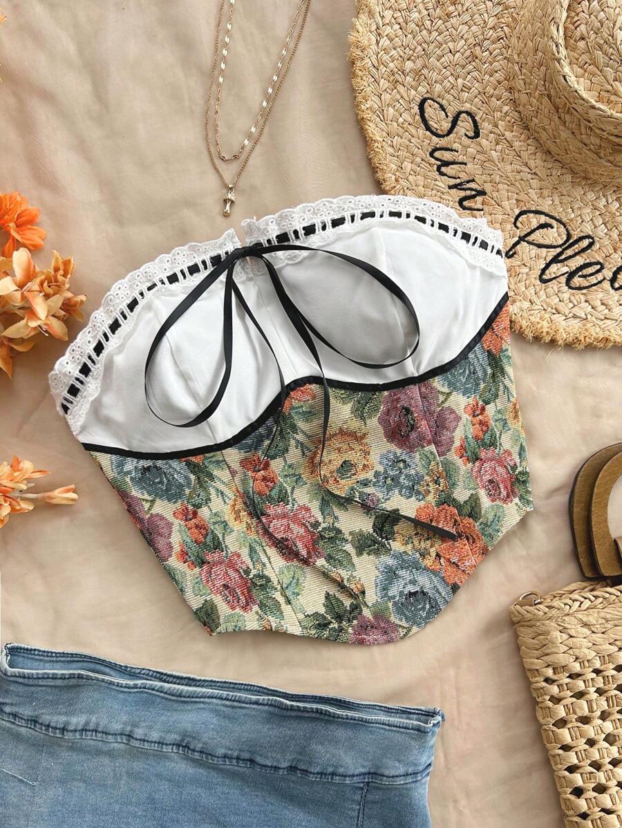 Soleia Top sans bretelles pour femmes en jacquard à blocs de couleurs patchwork et dentelle pour les vacances