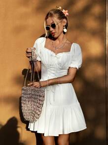 SHEIN VCAY Vestido de vacaciones para mujer de manga corta con dobladillo con volantes y cuello en forma de corazón de unicolor