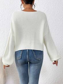 Chiquease Casual Simple V Neck Drop Shoulder Sweater, Knit Pullover Fall Winter - White - View 2
