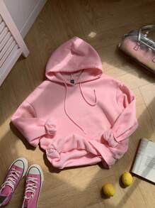 SHEIN EZwear 蝴蝶結＆櫻桃印花粉色寬鬆長袖女士連帽衫配束帶 - 淺粉色 - 查看 4