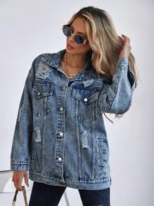 SHEIN Frenchy Cazadora mezclilla desgarro de hombros caídos