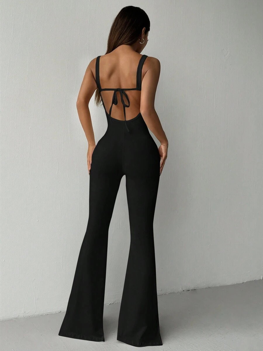 SHEIN EZwear 女性性感露背束縛連身褲，搭配喇叭褲腳，夏季風格 - 黑色 - 查看 1