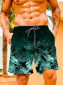 Surfspeed Men Tropical Print Drawstring Waist Swim Trunks,Hawaiian - Green - View 1