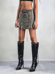 牛仔裙前開口系帶，不帶腰帶 - 灰色 - 查看 6