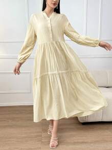 Seusyu Notched Neckline Drop Shoulder Ruffle Hem Dress - Beige - View 4