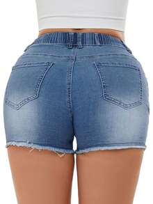 Drawstring Waist Ripped Raw Cut Denim Shorts For Summer