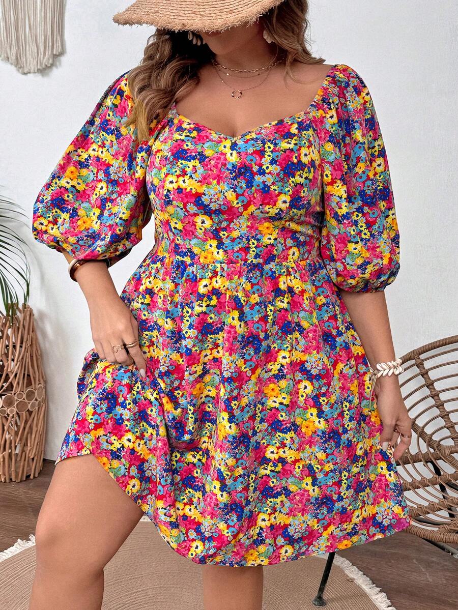 SHEIN VCAY Plus Size Lantern Sleeve Dress With A V-Neckline, Perfect For Vacation