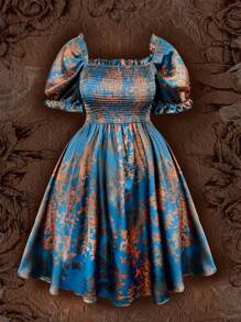 Celure 夏季加花印花帶蓬蓬袖和荷葉邊修飾的洋裝