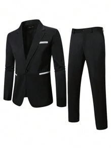 Manfinity Mode Men Single Button Blazer & Suit Pants - Black - View 6