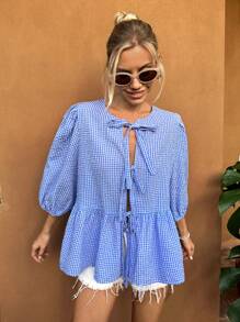 Forever 21 格子浅蓝色系带泡泡袖衬衫女式开衫，泡泡袖衬衫，女式衬衫配蝴蝶结腰带 - 藍色 - 查看 7