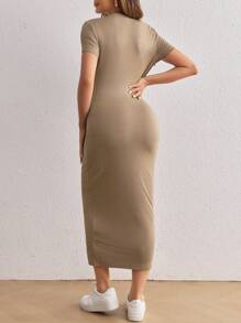 SHEIN Vestido largo para embarazadas con diseño sólido y ceñido al Body, ropa de maternidad sexy para mujeres - Caqui - Ver 2