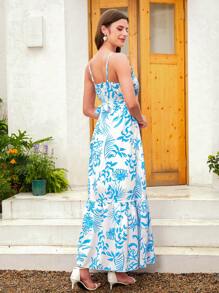 Women's Floral Digital Print Spaghetti Strap Dress With Adjustable Cinched Waist, Summer Resort Wear - Blue - View 2