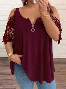 EMERY ROSE Plus Contrast Lace Cold Shoulder Half Zip Tee For Summer - Redwood - View 1