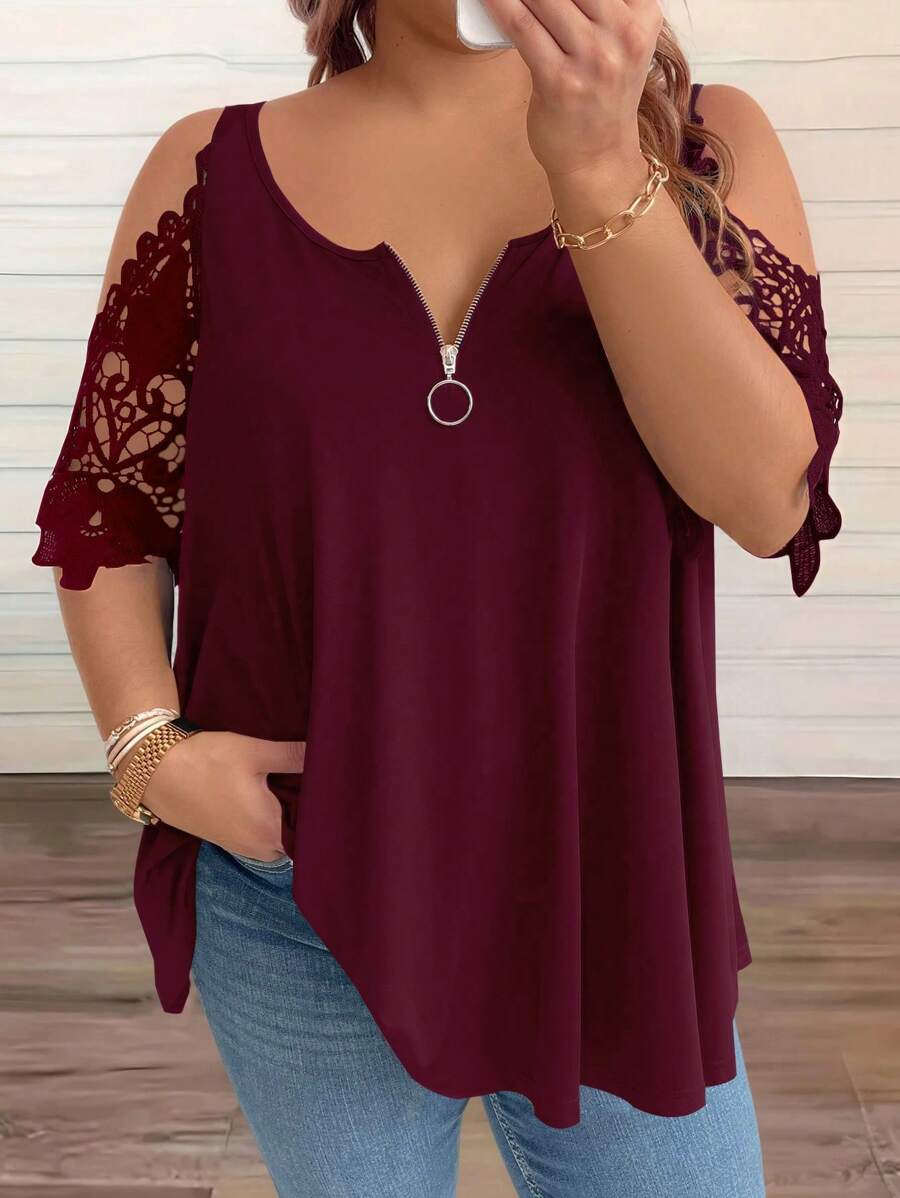 EMERY ROSE Plus Contrast Lace Cold Shoulder Half Zip Tee For Summer - Redwood - View 1