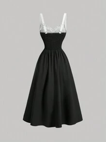 SHEIN MOD Schwarz-weiß Farbblock Halterkleid, dreidimensionale Blumen, Schul-Rückkleider, Lehrerkleid, Vintage-Kleidung für Damen, Kleid, Sommerkleid, Geburtstagskleid, schwarzes Kleid, Abschlussball-Kleid, Partykleid, mädchenhafte Kleidung