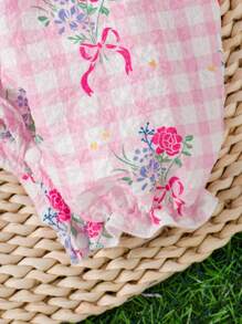 嬰幼兒女裝休閒優雅可愛風格復古數字印花荷葉邊袖連鈕扣背心連帽連身衣，夏季