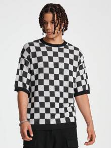 Manfinity EMRG Camiseta de punto para hombres con patrón de damero y hombros caídos