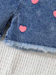 少女泡泡袖蝴蝶結前 Tee 和心形印花生邊牛仔短褲組 - 彩色 - 查看 6