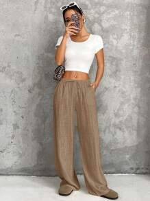 SHEIN EZwear Coffee Brown Woven Ladies Straight-Leg Pants - Coffee Brown - View 4