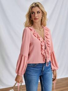 SHEIN LUNE Camisa de manga de farol para mujer con dobladillo de volantes y cinturón de lazo