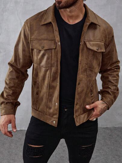 Manfinity Homme Men Flap Pocket Jacket For Spring And Autumn, Going Out Long Sleeve Casual Khaki Bomber Jacket, For Friends, Husband, Boyfriend Gifts