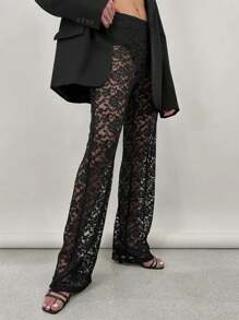 Siren Gaze Shein Essnce Women Summer Pants Lace Triangle Panties See-Through Wide Leg Pants Party Chic Black