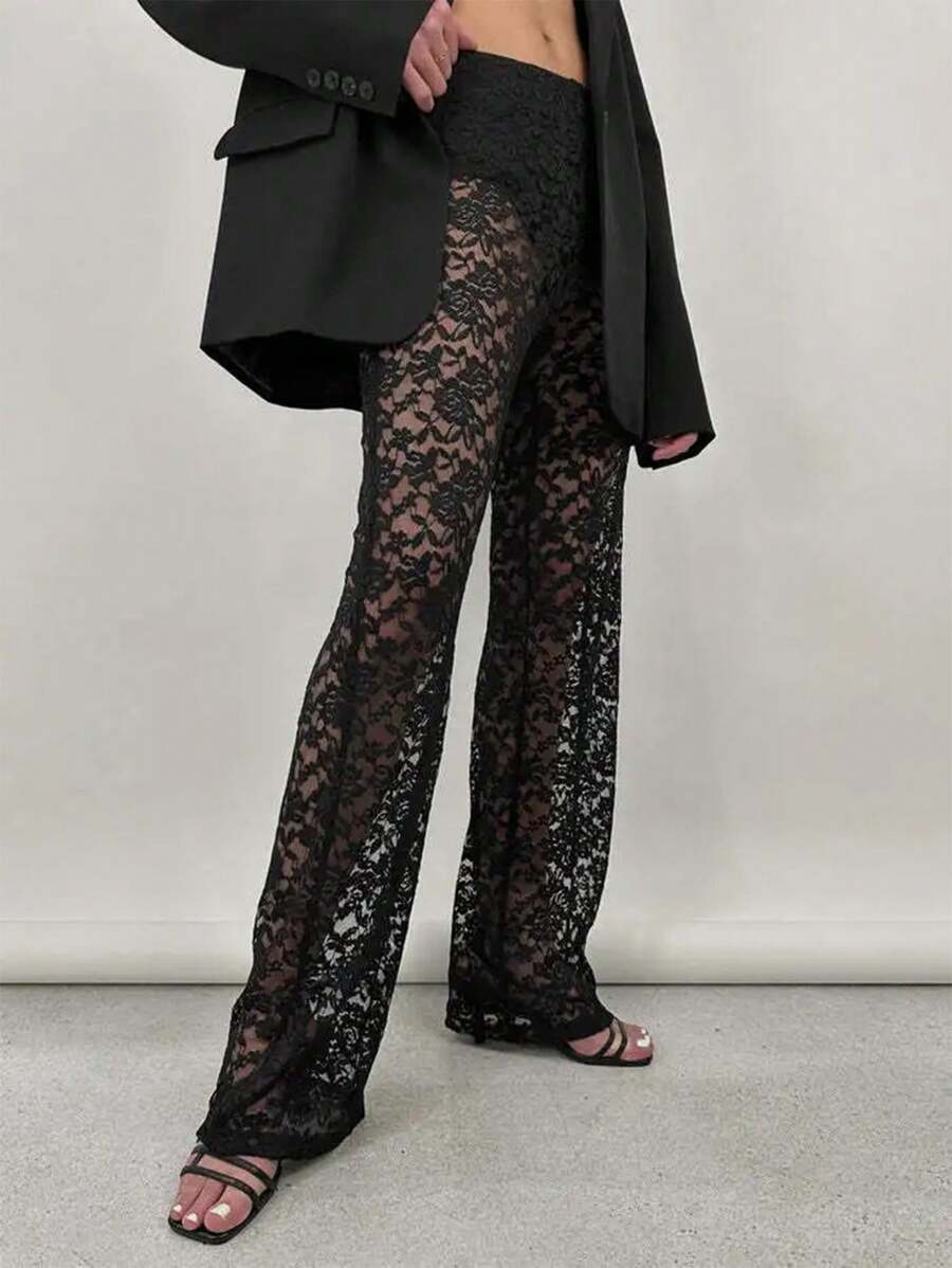 Siren Gaze Shein Essnce Women Summer Pants Lace Triangle Panties See-Through Wide Leg Pants Party Chic Black