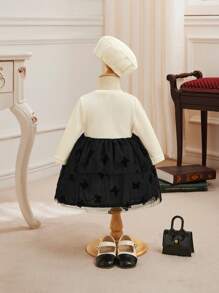 SHEIN Đứa bé gái Nơ mặt trước Lưới tương phản Đầm & Mũ - Màu be - Xem 2