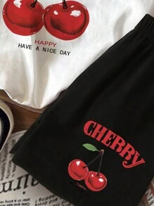 SHEIN Conjunto de 2 piezas de ropa casual de verano para niñas jóvenes con top con gráfico de cereza vintage y pantalones cortos, ropa para niños - Multicolor - Ver 4