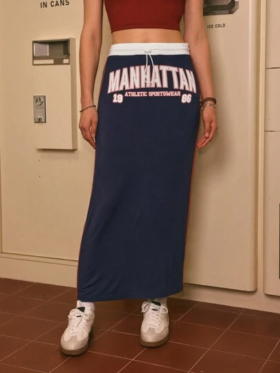 Renza Artist 女士运动和街头服饰抽绳字母图案拼色宽松半身裙，节日、派对、度假、春夏、海滩、节日、健身、伊比沙岛装扮、西方服饰