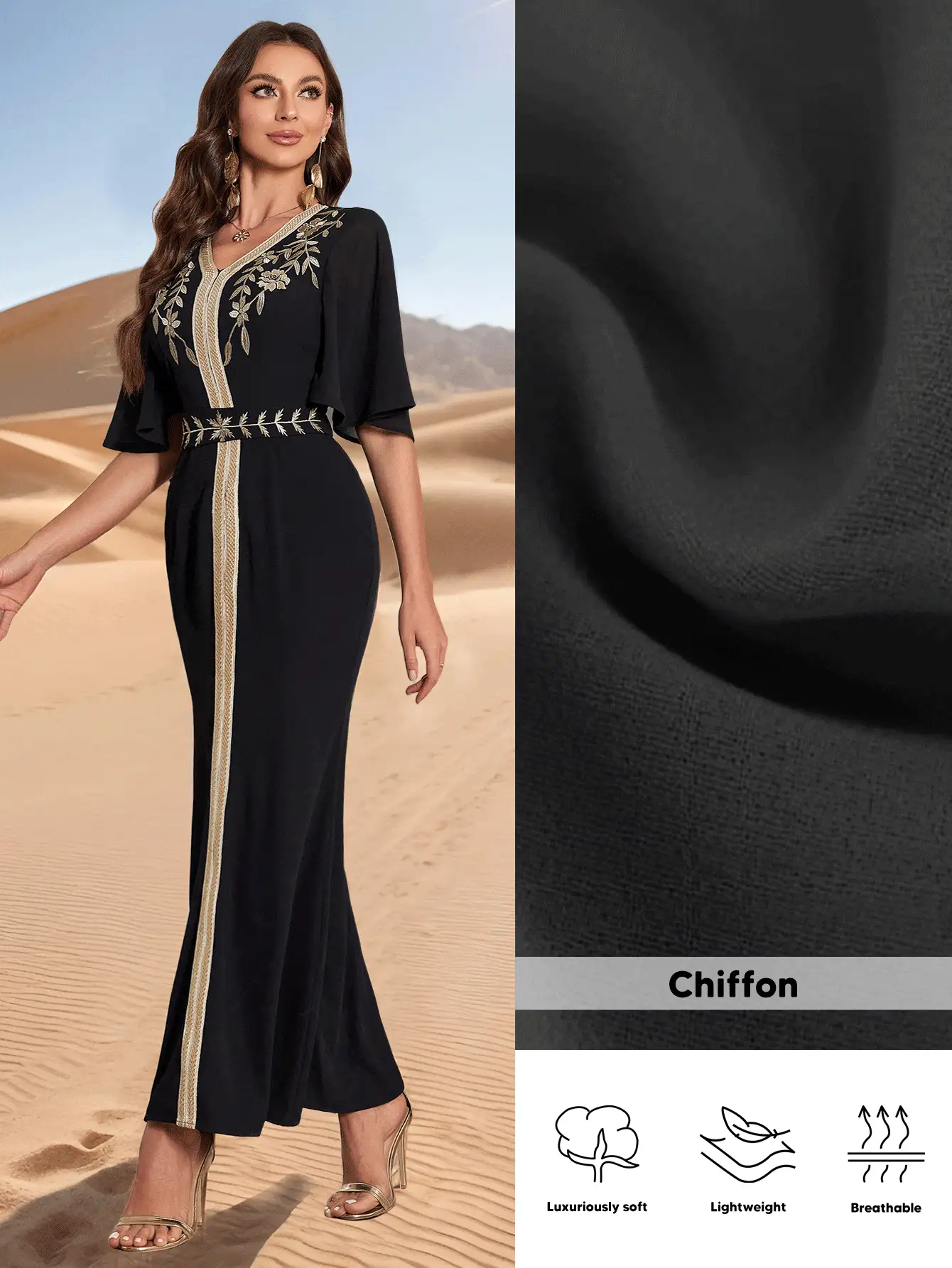 Women's Embroidered Long Retro Style Dress With Chest Flower Decor - Black - View 2