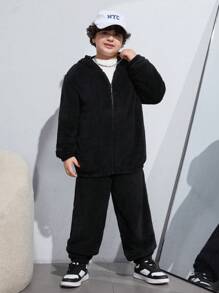 SHEIN Tween Boys' Extended Size Plush Hooded Jacket, Long Sleeve T-Shirt And Joggers 3pcs/Set For Casual And Outdoor Occasions - Black - View 4