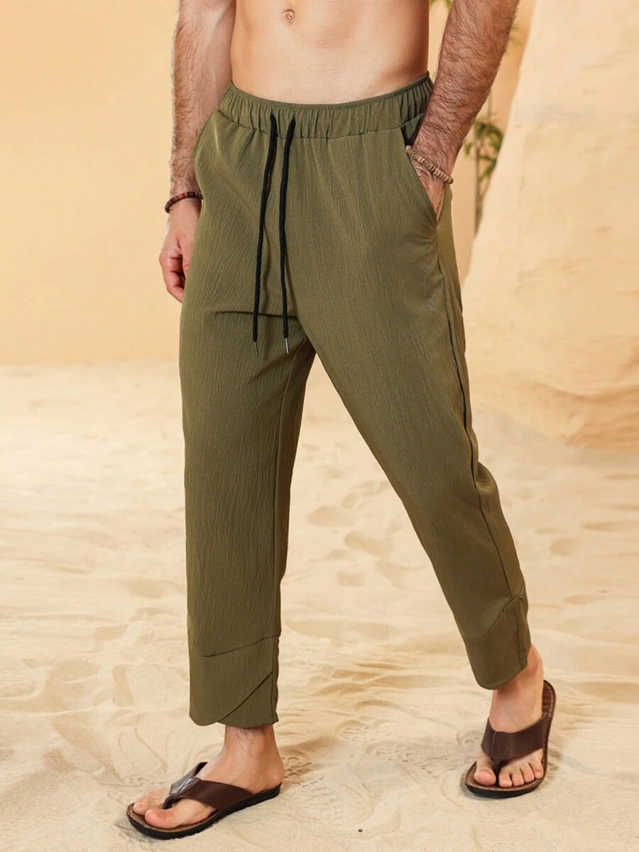 Manfinity RSRT Men's Solid Color Drawstring Waist Capri Loose Casual Pants With Side Pockets - Army Green - View 1