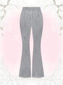 Flirla Pantalones de encaje con vuelo y unicolor elegantes para mujer para el verano