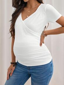 SHEIN Maternity Solid V Neck Casual Tee For Summer