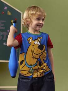 SCOOBY-DOO X SHEIN Young Boy Cartoon Animal Dog Printed Color-Block Round Neck T-Shirt
