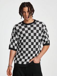 Manfinity EMRG Camiseta de punto para hombres con patrón de damero y hombros caídos