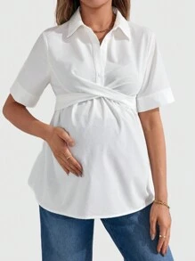 SHEIN Casual Solid Woven Short Sleeve Loose Maternity Shirt With Open Front - White - View 4