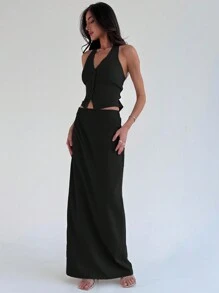 Aloruh Long Halter Slimming Suit Skirt Commuting Outfit, 2pcs/Set - Black - View 6