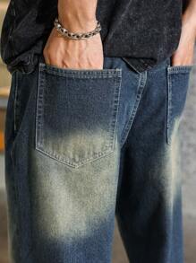 Jeans retro holgados de dos tonos en azul oscuro para hombres - Azul lavado oscuro - Ver 4