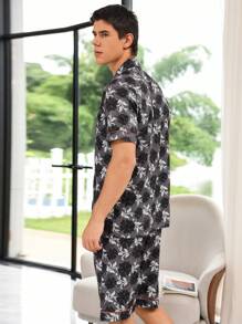 Men Tropical Print Contrast Piping PJ Set / Pajama Set - Multicolor - View 8