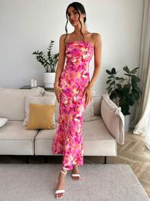 Firerie Spring Break Floral Print Draped Backless Tube Long Summer Dress - Multicolor - View 7