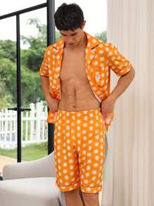 Men Allover Print PJ Set / Pajama Set For Daily - Orange - View 2