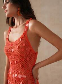 Anewsta Women's Red Exclusive Paillette-Sequined Crocheted Midi Cover Up Dress Summer - Orange - View 7